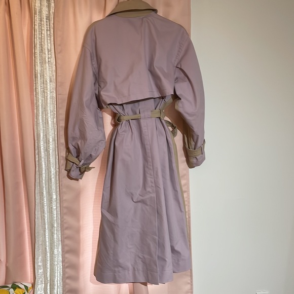 ASOS DESIGN COLOR BLOCK TIE SLEEVE TRNECH COAT LILAC PURPLE STONE TAN SIZE 8 EUC - Picture 4 of 7